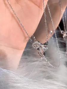 Collar de doble capa con lazo de plata circonita cúbica brillante joyería para mujer