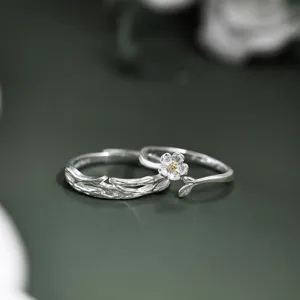 Anillos de Pareja de Plata 925 con Hoja de Margarita Diseño de Nicho Anillo Abierto Ajustable para Hombres Mujeres Joyería