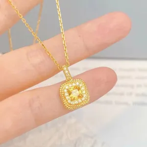 Collar Colgante Cristal Amarillo Cuadrado Plata Esterlina 925 Mujer Cadena Elegante
