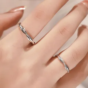 Sterling silver twisted paved zircon couple rings minimalist open fashion jewelry detail