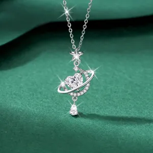 Collar Planeta Luna Estrella Ensueño Plata Fina 999 Colgante Corazón Strass Cadena Clavícula Joyería Lujo para Mujer Regalo Novia