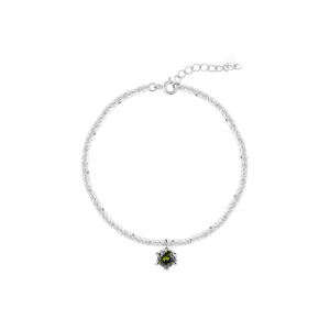 Pulsera de plata S925 circonita verde oliva cadena brillante joya vista detallada.
