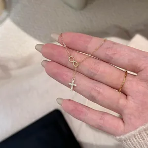 Luxury 925 Sterling Silver Cross Pendant Necklace Infinity Symbol Rhinestone Inlaid Y Shape Choker Chain Necklace For Women Daily Casual Jewelry Gift