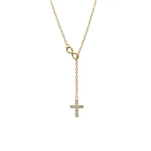 Detail view of the elegant S925 sterling silver infinity cross necklace, fine jewelry.