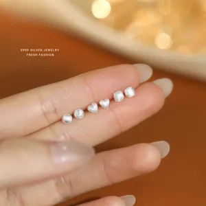 Pendientes de Botón Minimalistas de Plata Pura 999 para Mujer Estilo Ins Coreano Cepillado Mate Geométrico Corazón Cuadrado Redondo Pendientes Hipoalergénicos