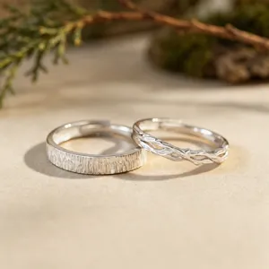 Anillos de Pareja Diseño de Rama con Veta de Madera Natural Plata Fina 999 Diamantes de Imitación Anillos Abiertos Ajustables para Regalo de Boda