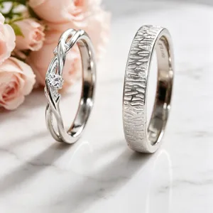 Juego de anillos de pareja de plata S999, diseño único de rama y corteza, joyería elegante.