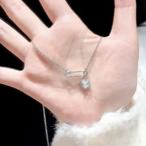 S925 Silver Safety Pin Heart Necklace Zircon Choker Cute Sweet Versatile Jewelry Gift