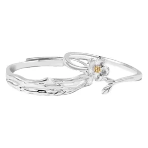 Anillos de pareja de plata esterlina 925 margarita anillos abiertos ajustables joyería