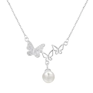 Exquisites Detail der S999 Sterling Silber Schmetterling Perle Anhänger Halskette, elegantes.