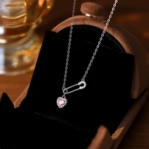 S925 Sterling Silver Heart Necklace For Women Sweet Personality Paperclip Chain Zirconia Pendant Clavicle Chain Versatile Daily Jewelry Gift