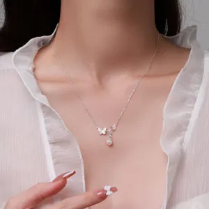 S999 S925 Sterlingsilber Schmetterling Perle Halskette Für Damen Elegante Strass Eingelegte Schlüsselbeinkette Modeschmuck Halskette