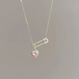S925 Sterling Silver Safety Pin Necklace with Pink Heart Cubic Zirconia for Women