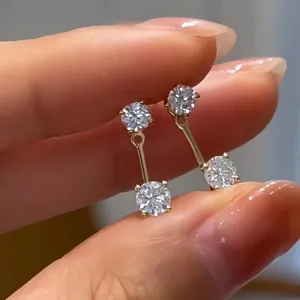 Elegantes Pendientes de Botón Geométricos de Plata de Ley 925 con Strass para Mujer Pendientes de Chaqueta Portátiles de Dos Vías Joyería de Moda