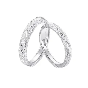 Anillos de Pareja de Plata Esterlina S999 con Textura de Lava Irregular Ajustables Abiertos