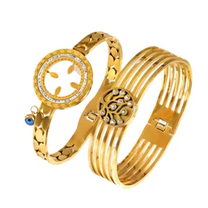 Gouden titanium staal armband set voor vrouwen, elegante gegalvaniseerde brede manchet sieraden.