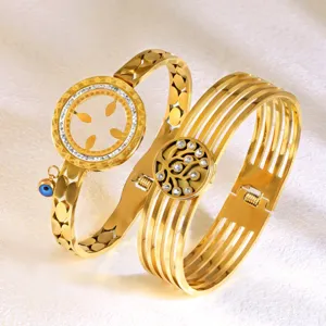 Dames Brede Titanium Staal Open Manchet Armband Verguld Roestvrij Staal Boze Oog Levensboom Armband Mode Sieraden