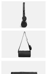 Vista dettagliata della borsa a tracolla cilindrica nera, con tessuto resistente e mini borsetta.