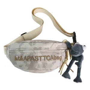 Streetwear camo chest bag with embroidery letters and cute plush toy pendant for men women.