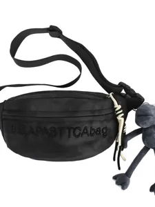Black tactical chest bag casual streetwear waist pack with cute plush pendant 2025.