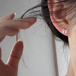 Boucles d'oreilles noeud rose en argent sterling S999, mini bijoux d'oreilles mignons.
