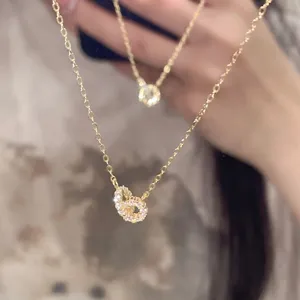 Argent S925 Plaqué Or 18K Collier Double Anneau Entrelacé Chaîne De Clavicule En Zircon