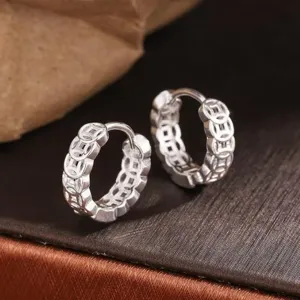 Pendientes de aro de moneda de la suerte de plata pura S999 para mujer, lujo minimalista