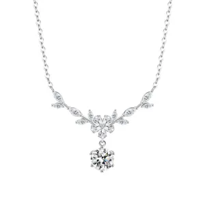 Detailed view of exquisite sterling silver floral and wheat ear pendant necklace sparkling zircons.