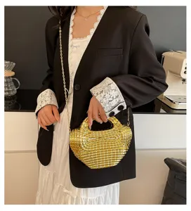 Gold acrylic beaded grid evening bag with metal chain strap, chic stylish shoulder purse.