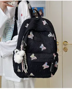 Schwarzer gesteppter Rucksack mit bunter Schmetterlingsstickerei, großer Damen Schulranzen.