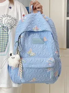 Niedlicher Rucksack mit Schmetterlingsstickerei in Hellblau, großer Studentenschulranzen Reisen.