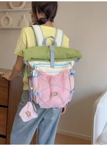 Colorful college style canvas roll top student backpack with large capacity and multi pockets.