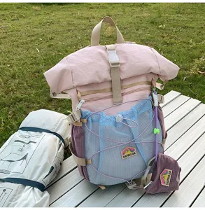 Large capacity roll-top student backpack in fresh pink and blue college style for daily school.
