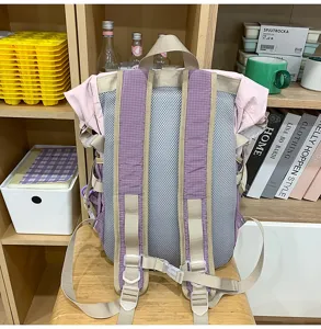 Back view details of the fresh college style roll-top student backpack with mesh back.