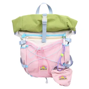 Details of the fresh style roll-top backpack, featuring colorful blocks, pink mesh pocket.