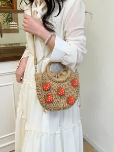 Süße handgeflochtene Strohtasche mit Erdbeeren für Damen, Strand Urlaub Schultertasche.