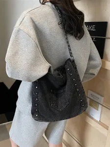 Vintage Denim Tsanta Omon Megalis Horitikotitas Tote Casual Hobo Tsanta Me Alusida Kai Metalika Pritsinia Kathimerini Metakinisi