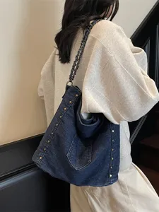 Casual τσάντα ώμου denim για γυναίκες, μεγάλη hobo καθημερινή τσάντα με αλυσίδα.