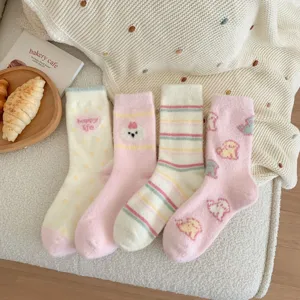 Cozy winter fluffy mid-calf socks set, cute cartoon and striped warm plush thermal socks.