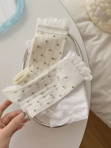 Calzini bianchi con volant in pizzo e pois da donna stile dolce primavera estate traspirante