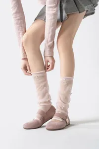 Lolita lace leg warmers for women, sheer ballet style socks with bows, sweet style gear.