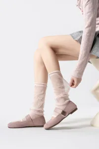 Sweet Lolita lace ruffle leg warmers with delicate bows, soft sheer mesh hosiery style.