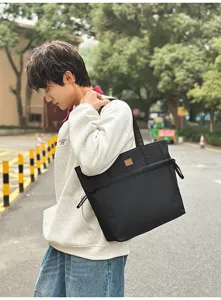 Borsa tote in nylon nero per uomo e donna, borsa a tracolla casual per il lavoro.
