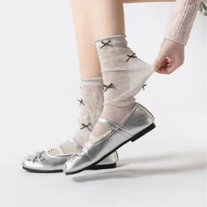 Women sheer mesh bow sock covers, thin ballet style short socks with silver flat shoes.