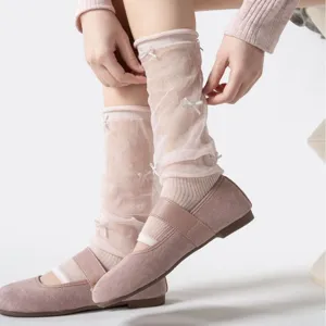 Cute lolita lace leg warmers with delicate bows, sheer ballet style socks for women.