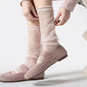 Pink sheer ruffle Lolita leg warmers with bows and flat ballet shoes for women sweet style