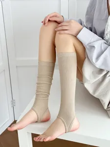 Beige stirrup socks, balletcore ribbed leg warmers, soft knit yoga socks for women daily.