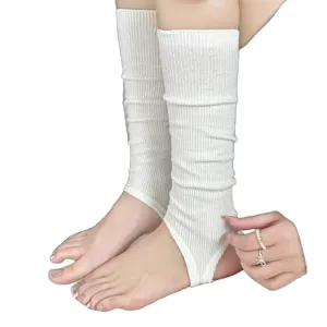 White knitted stirrup leg warmers ballet core ribbed cozy winter leg covers for women