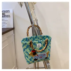 Borsa Tote In Tessuto Retrò Manico In Bambù Bassotto Colore A Contrasto Spiaggia Vacanza Paniere Donna
