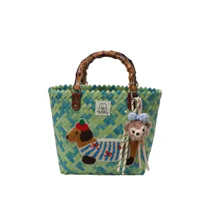 Borsa a mano intrecciata con manico in bambù bassotto, borsa mare colorata da donna.